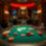 An overview of a Texas Poker table setup with chips and cards