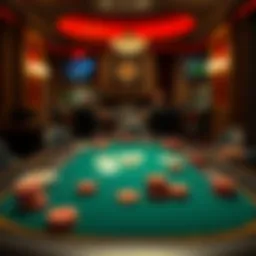 An overview of a Texas Poker table setup with chips and cards
