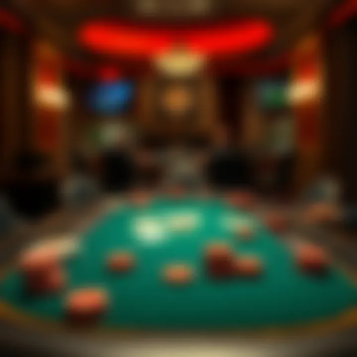 An overview of a Texas Poker table setup with chips and cards