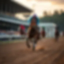 A majestic thoroughbred racing down the track at Belmont NY