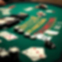 A classic blackjack table layout featuring cards and chips