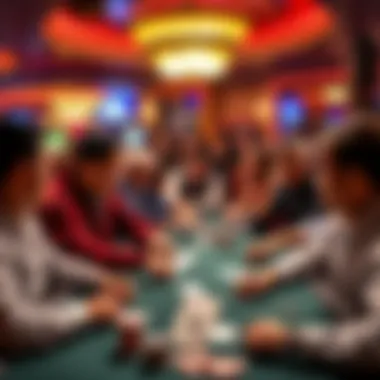 A vibrant scene of players engaged in various poker variants in a lively casino environment