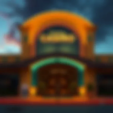 An inviting exterior of a Pocono casino at dusk with lights illuminating the entrance