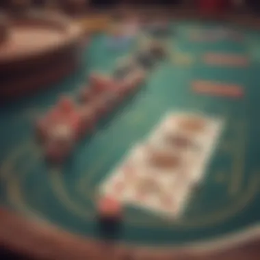 A close-up of a vibrant casino card table with colorful cards and chips