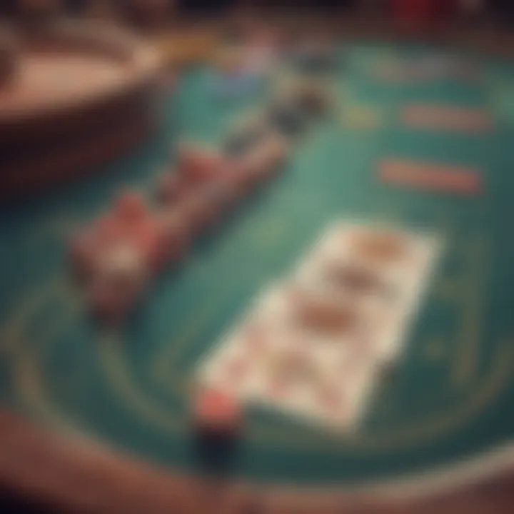 A close-up of a vibrant casino card table with colorful cards and chips