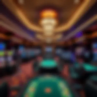 Elegant Gaming Experience Interior of a luxurious casino gaming floor with elegantly designed gaming tables and high-stakes excitement.