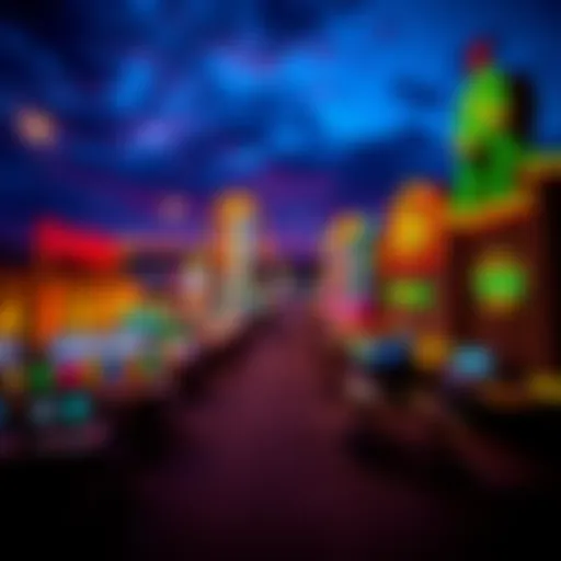 A panoramic view of a bustling Catskill casino at dusk, showcasing vibrant lights and architecture.