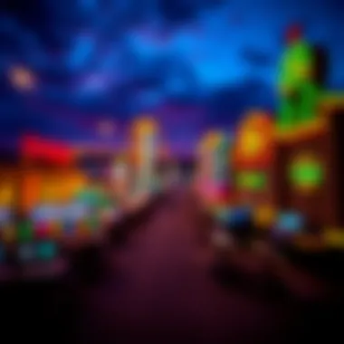 Vibrant Catskill Casino at Dusk A panoramic view of a bustling Catskill casino at dusk, showcasing vibrant lights and architecture.