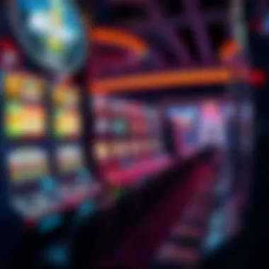 A vibrant display of slot machines with dynamic graphics and bright lights