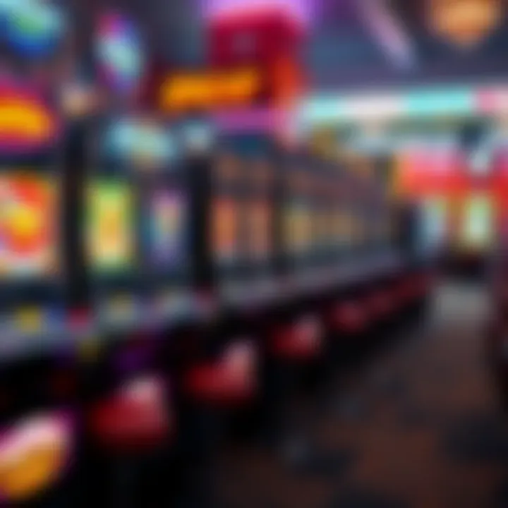 An array of slot machines with colorful displays