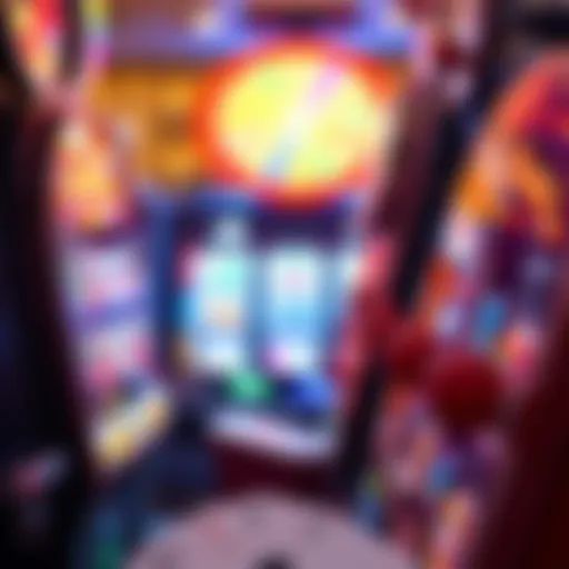 A vibrant slot machine display with colorful symbols and lights