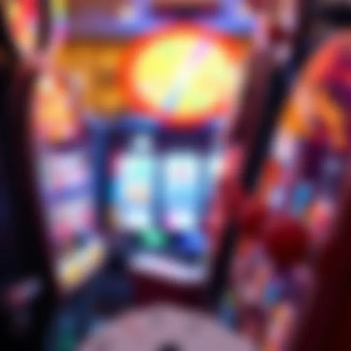 A vibrant slot machine display with colorful symbols and lights