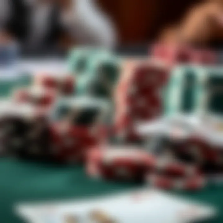 A close-up of poker chips and cards on a table