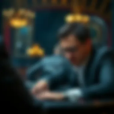 A focused player contemplating their next move in a blackjack game.