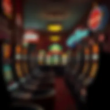 Interior View of a Retro Casino Featuring Slot Machines Interior of a retro casino showcasing slot machines