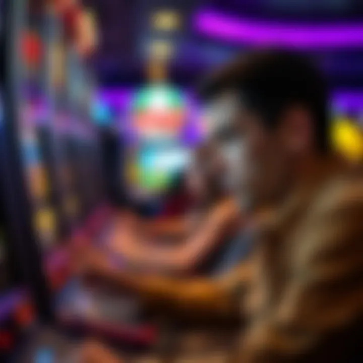A gamer's focused expression while playing slot machines in a casino