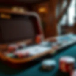 An elegant wooden poker set with chips and cards displayed