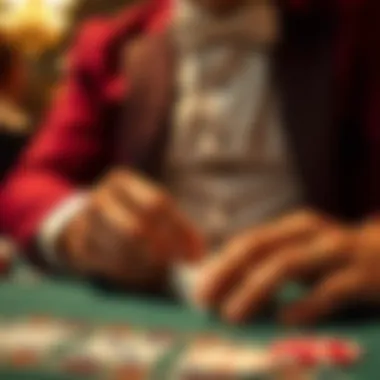 Dealer Shuffling Cards with Precision Close-up of a dealer shuffling cards, emphasizing the skill involved in live blackjack