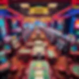 Aerial view of a luxurious casino floor filled with vibrant gaming tables and slot machines