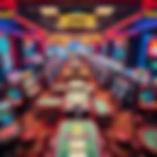 Aerial view of a luxurious casino floor filled with vibrant gaming tables and slot machines