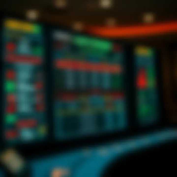 An illuminated display of casino game strategies and statistical outcomes on a digital screen