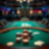 An overview of a Texas Hold'em poker table with chips and cards