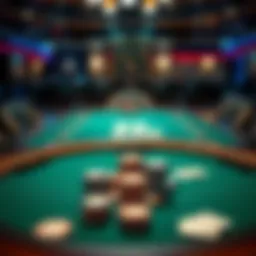 An overview of a Texas Hold'em poker table with chips and cards