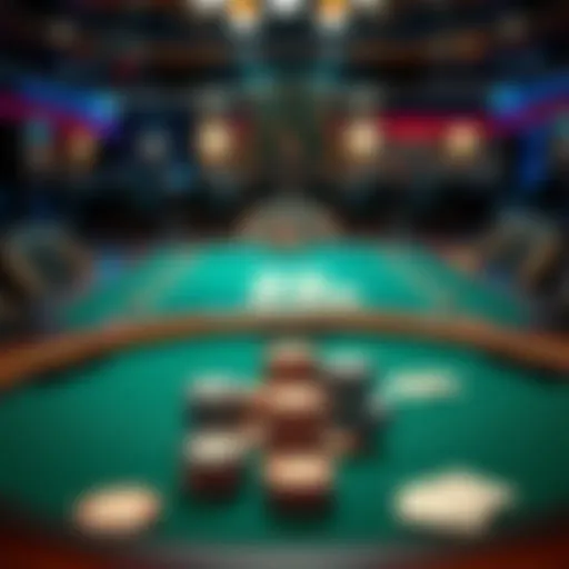 An overview of a Texas Hold'em poker table with chips and cards