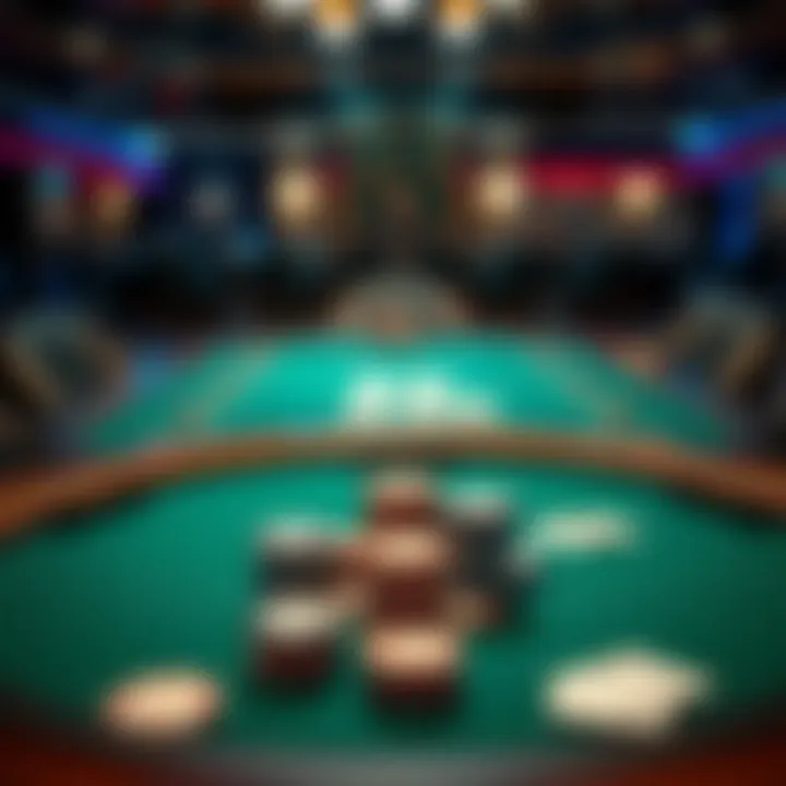 An overview of a Texas Hold'em poker table with chips and cards